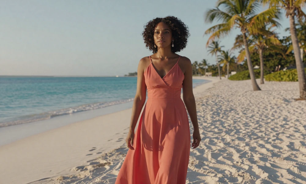 Sophisticated Barbadian woman on pristine beach