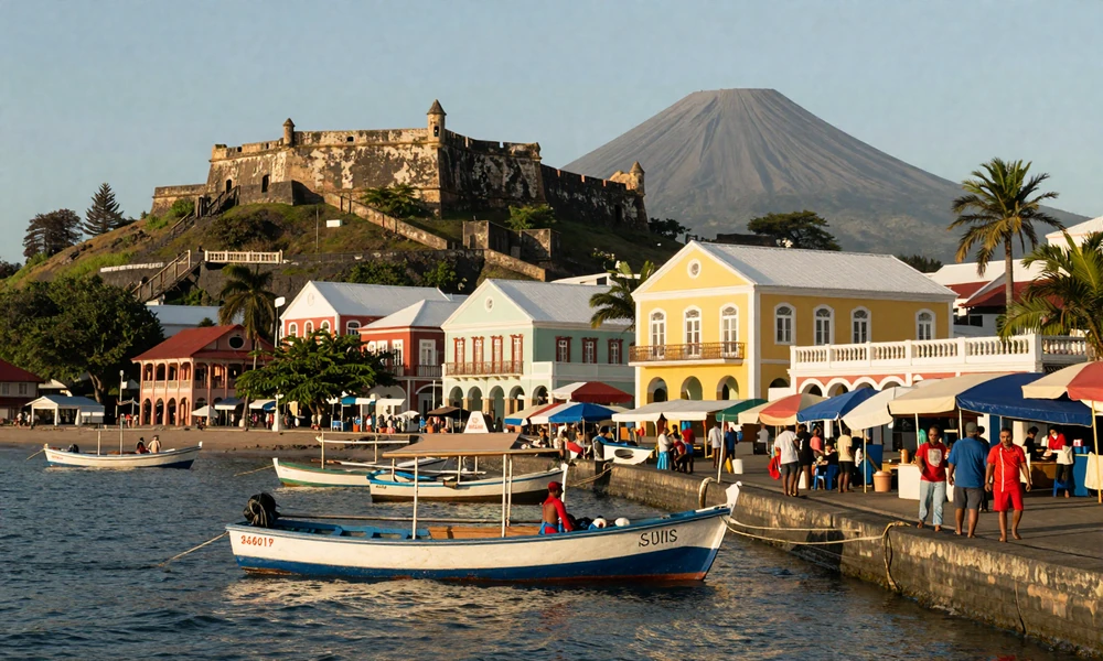 Authentic Kingstown waterfront with volcano background